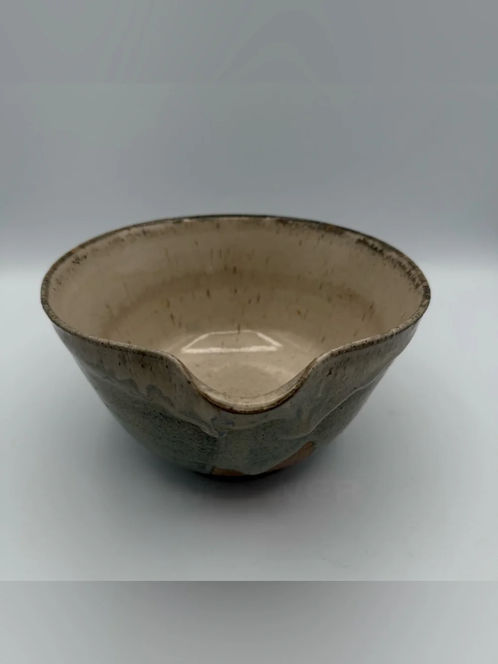 Vintage Studio Pottery Stoneware Batter Bowl Pouring Mixing Bowl Blue Green 7.5”